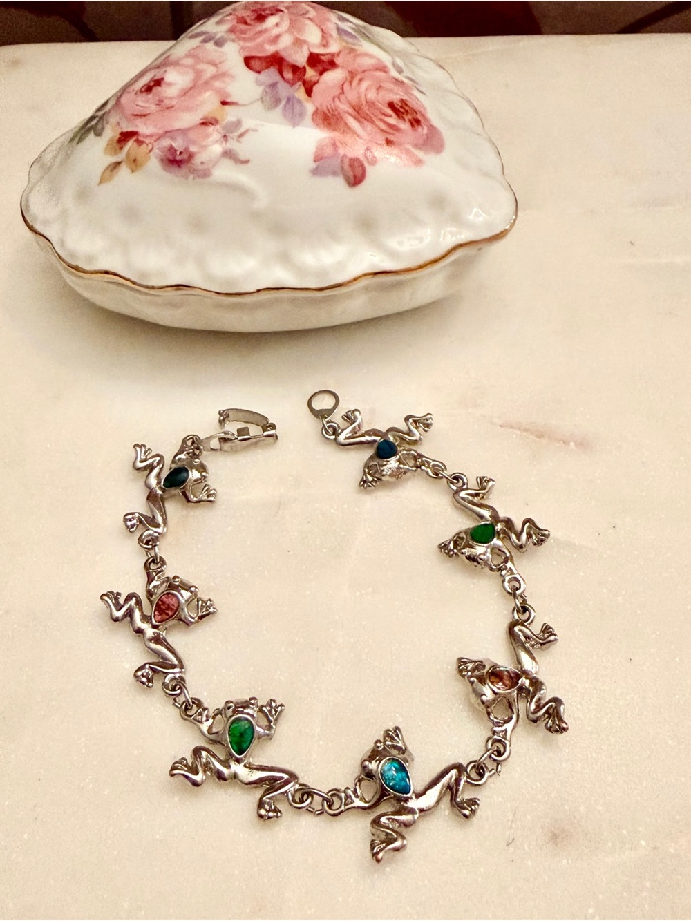 Frog Bracelet Silver Tone 7.5” Multicolor Stone Accents Whimsical Jewelry
